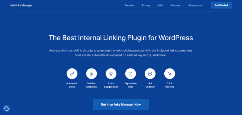 A webpage header for Interlinks Manager, promoting it as the best internal linking plugin for WordPress with features like automatic links, detailed statistics, and more displayed below the title.
