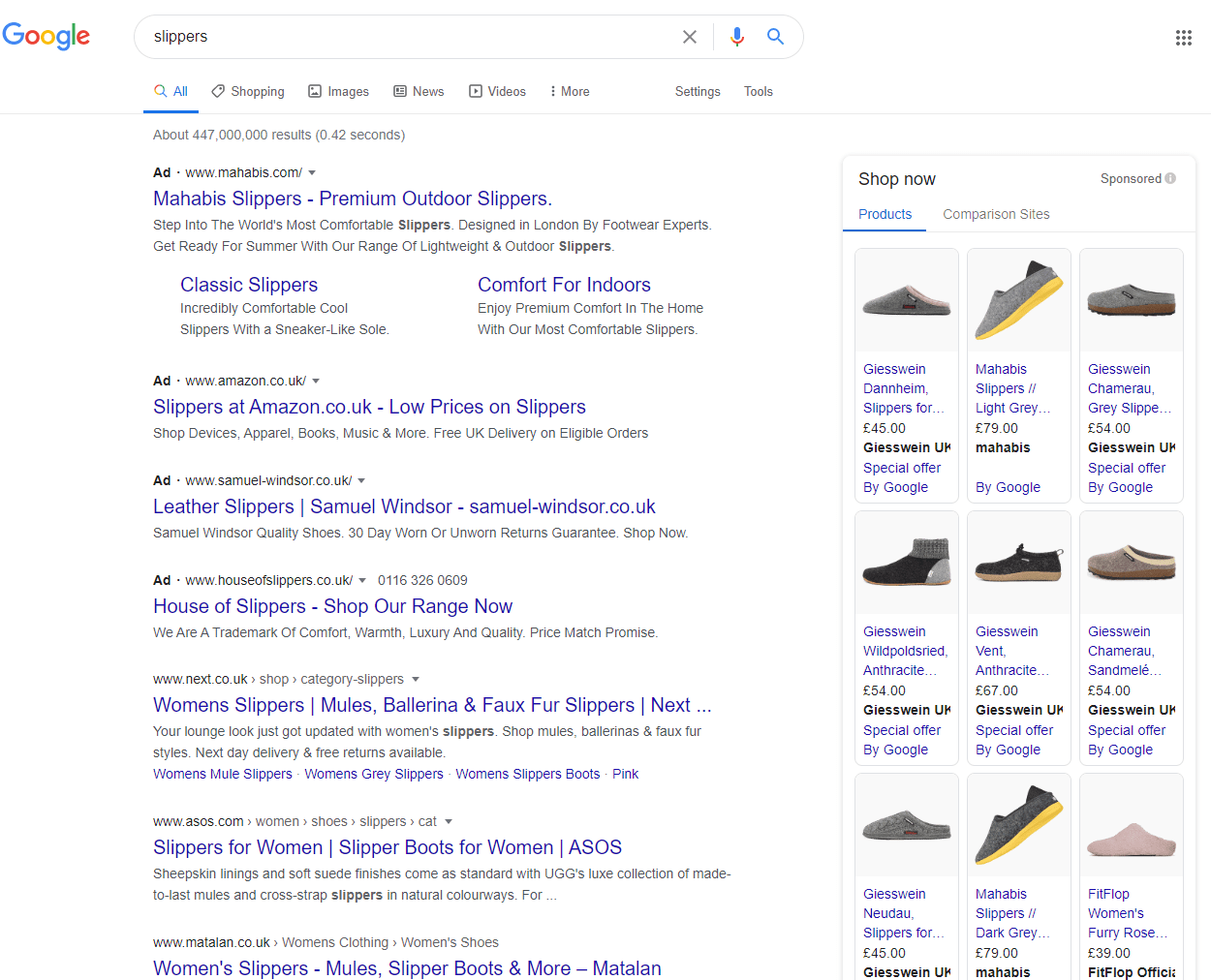 search results showing product ads and ecommerce product and category pages