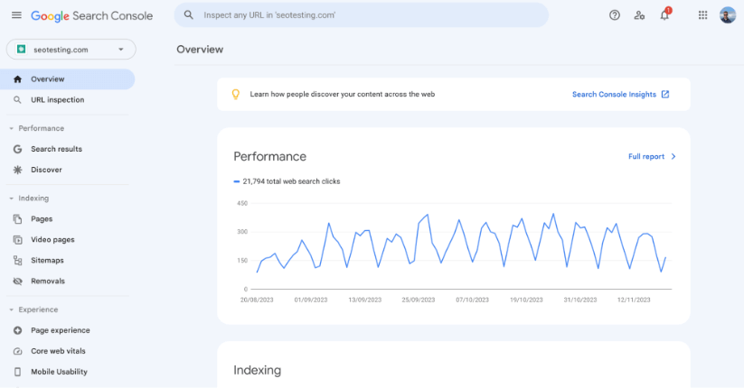 Google Search Console overview page.