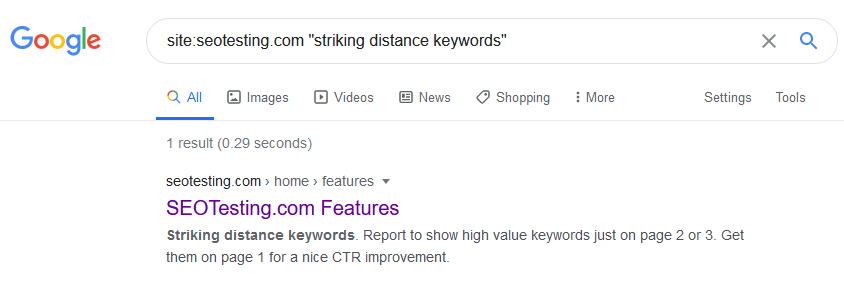 Screenshot of using Google to find internal linking opportunities.