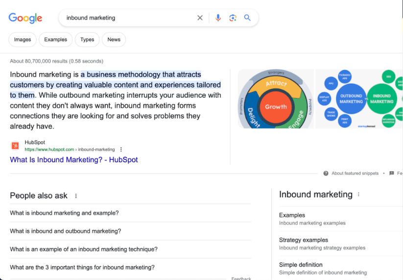 Google SERP for the query 'inbound marketing'.