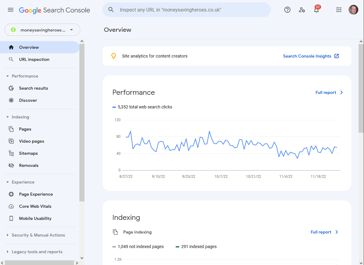 Google Search Console overview screenshot for Money Saving Heroes property.