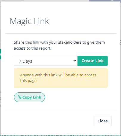 Close-up of Magic Link pop-up window in seotesting.com interface for easy report sharing