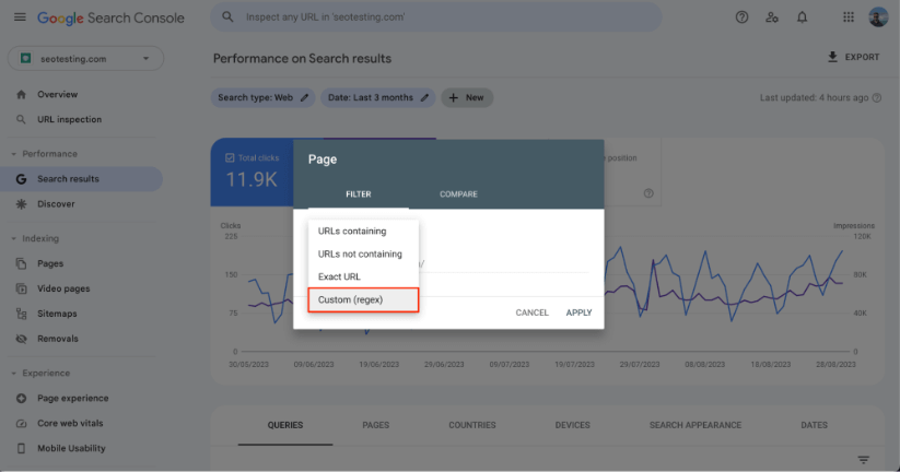 Creating a custom regex filter for pages in Google Search Console.