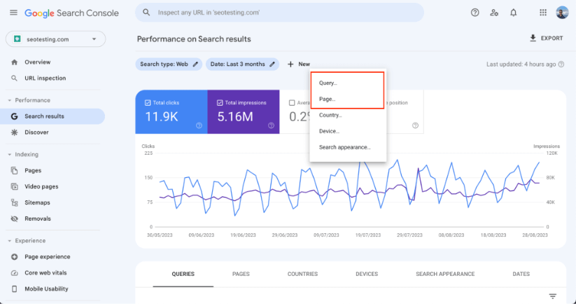 Google Search Console filters can be created for Queries or Pages.