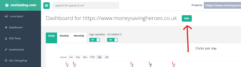 SEOTesting dashboard for moneysavingheroes.co.uk with options for Daily, Weekly, Monthly views, and switches for Algorithm Updates and Annotations, and a red arrow points to the 'Edit' button.