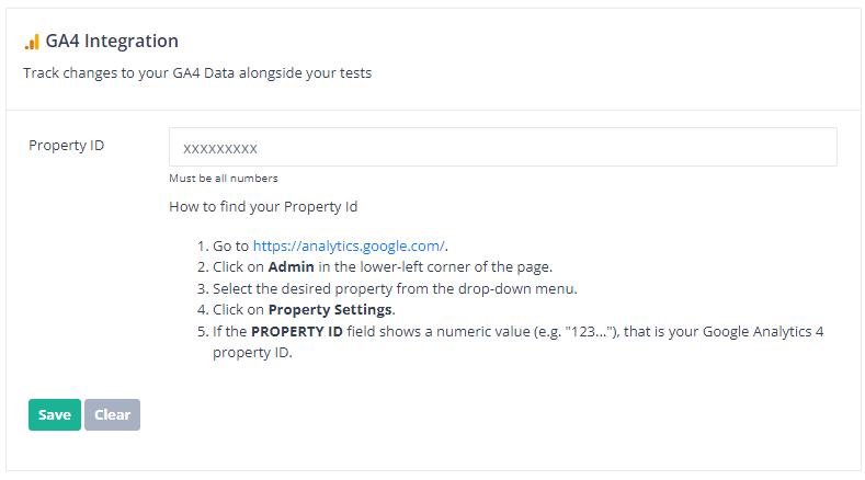 A screenshot of a GA4 Integration settings page on SEOTesting with a field to enter a Property ID and instructions on how to find your Property ID from Google Analytics.