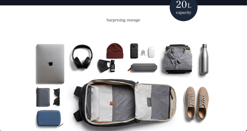 Another great use of images from Bellroy to showcase their backpack.
