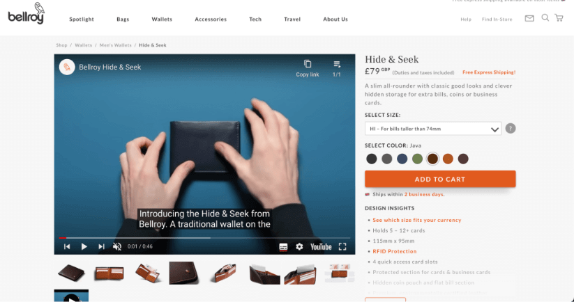 Bellroy product display page using a video.