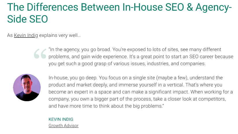 Kevin Indig, a Growth Advisor, explains differences between In-House and Agency-Side SEO.