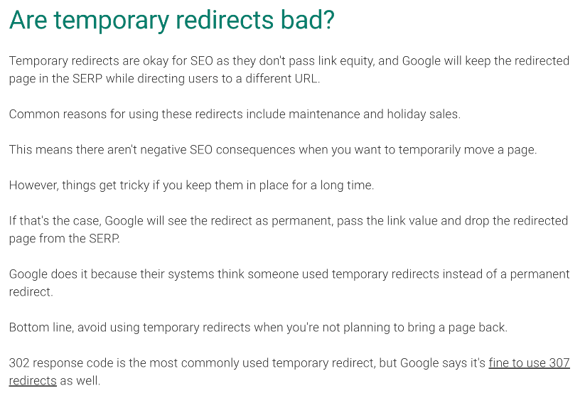 FAQ section discussing if temporary redirects are bad for SEO with explanations and advice.
