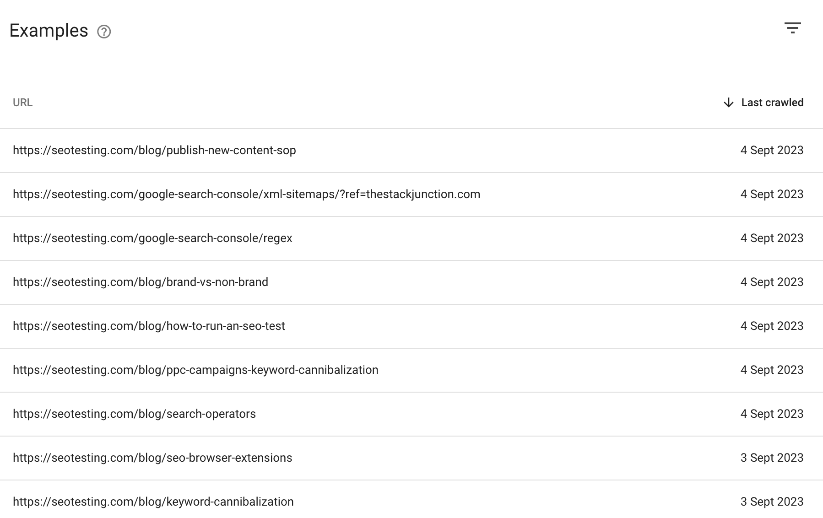 List of URLs marked as Alternate page with proper canonical in Google Search Console.