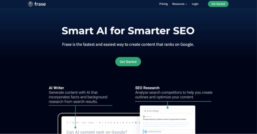 Frase homepage promoting Smart AI for Smarter SEO, highlighting AI Writer and SEO Research tools with a 'Get Started' call-to-action button.