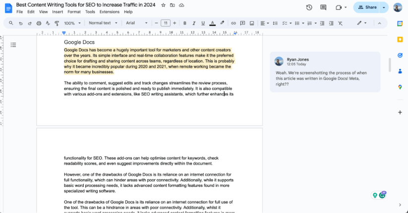 A Google Docs document discussing the best content writing tools for SEO with comments enabled on the side.