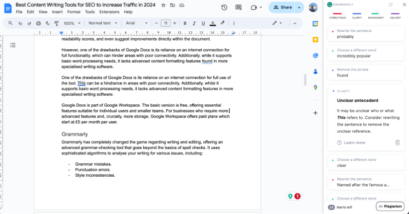 Google Docs document on content writing tools with a Grammarly sidebar suggesting grammar and clarity improvements.