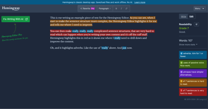 Hemingway Editor interface showing text analysis with highlighted suggestions for improving sentence complexity and adverb usage.