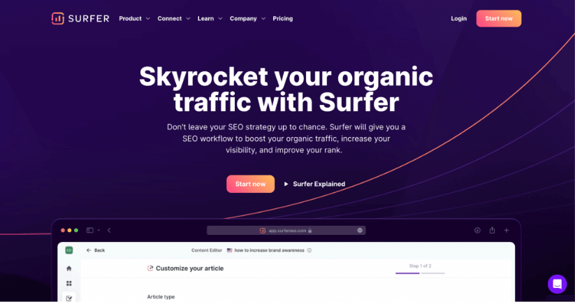 Homepage of Surfer SEO with a headline 'Skyrocket your organic traffic with Surfer' and a call to action button to start now.