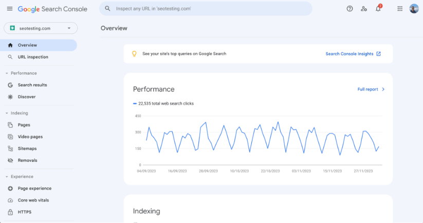 Screenshot of Google Search Console overview displaying a performance graph with web search clicks for the website seotesting.com over several months in 2023.