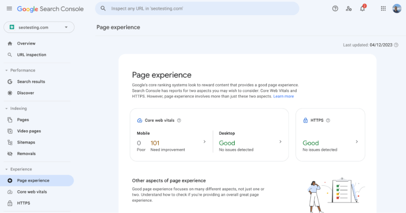 Screenshot of the Google Search Console's Page Experience report showing a good desktop page status and other aspects to consider for enhancing a website's user experience.