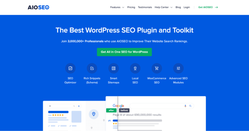 Homepage of AIOSEO plugin featuring a headline 'The Best WordPress SEO Plugin and Toolkit' with a call-to-action button and icons for SEO features like sitemaps and rich snippets.