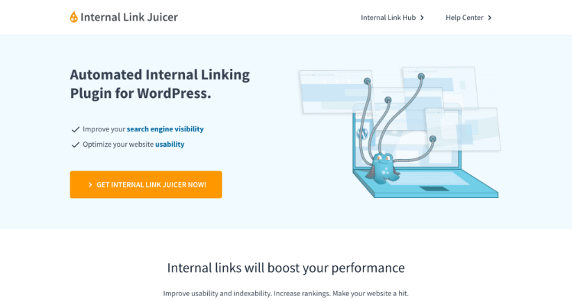 A screenshot of the Internal Link Juicer website promoting its automated linking plugin for WordPress, with a blue octopus character illustrating the concept of interconnectedness.