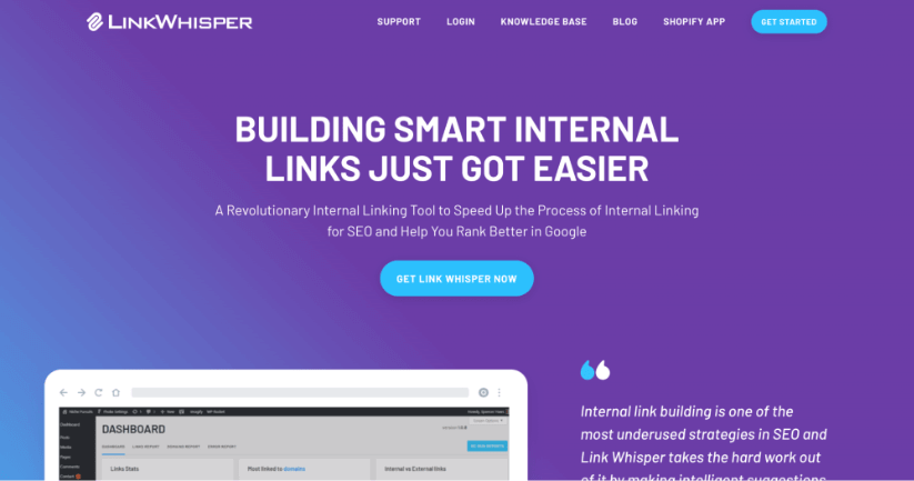 Screenshot of the LinkWhisper website homepage highlighting its internal linking tool features to enhance SEO and simplify the link-building process.