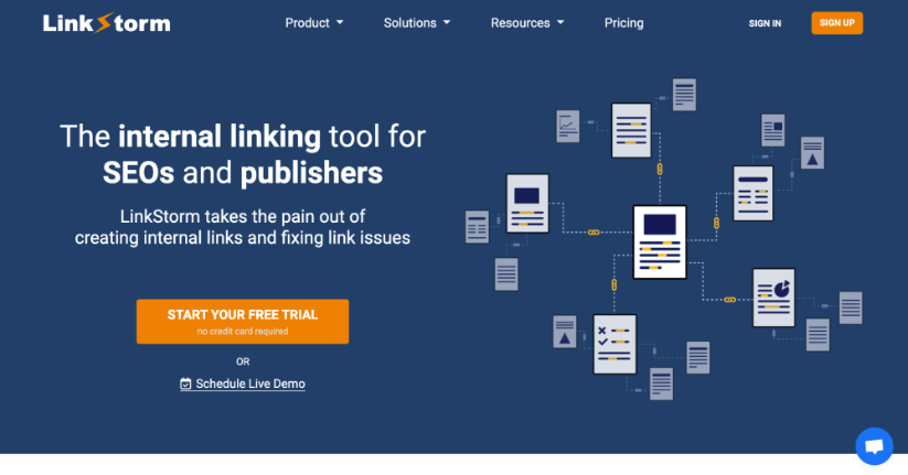 Homepage screenshot of LinkStorm, an internal linking tool for SEOs and publishers, featuring navigation options, a call to action for a free trial, and graphics symbolizing link management.