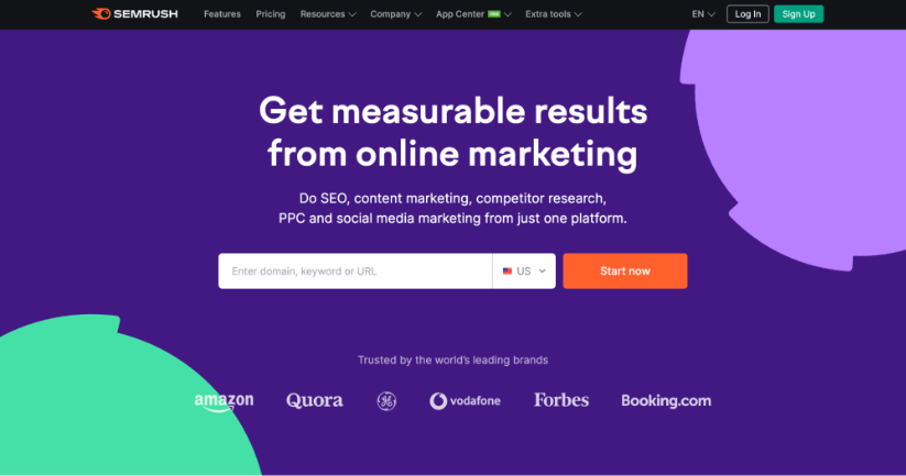 Homepage of SEMrush featuring a call to action for online marketing solutions, with a search field and logos of trusted brands like Amazon and Forbes.