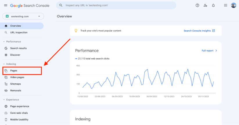 Google Search Console overview page with a arrow pointing to the side bar on the Pages indexing report.