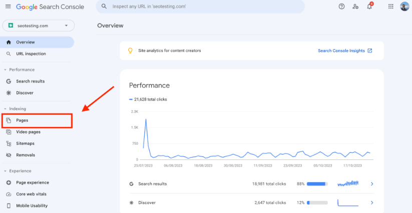 Google Search Console overview report page.