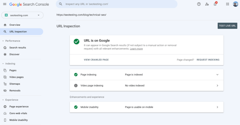 Google Search Console URL inspection tool.