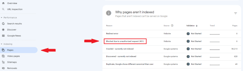 Google Search Console page showing indexing issues like Blocked due to unauthorized access.