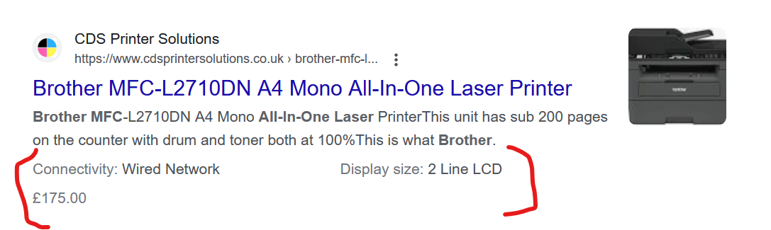 Structured data showing extra data in Google SERP like type of connectivity, display size, and price 