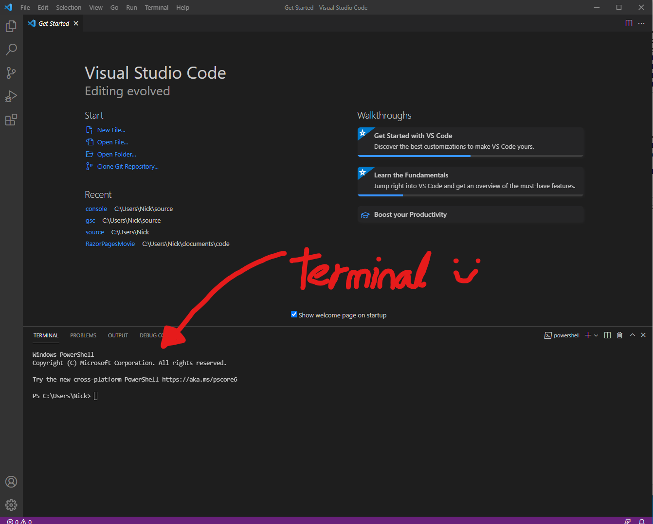 Terminal window in Visual Studio Code