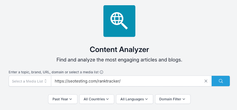 BuzzSumo Content Analyzer search bar with 'https://seotesting.com/ranktracker/' entered for finding and analyzing engaging articles and blogs.