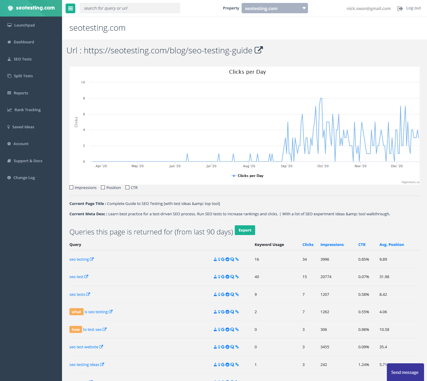 PageDetails view in SEOTesting, use the queries here for content expansion