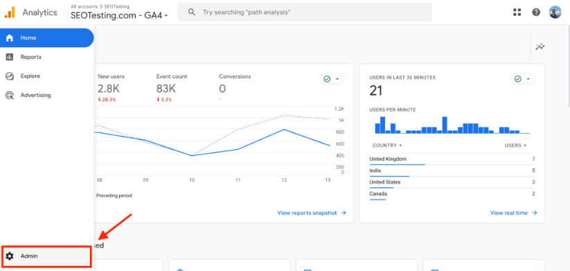 Dashboard of Google Analytics 4 showing new user metrics, event counts, and a real-time user count, with an arrow pointing to the Admin button.