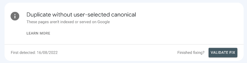 Google Search Console validate fix button.