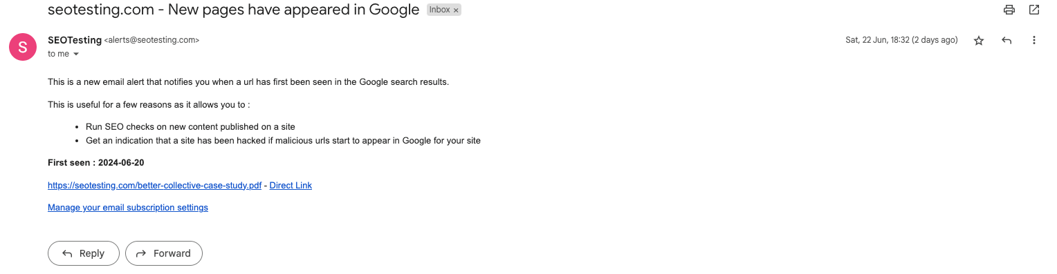 SEOTesting email alert showing new pages that appeared in Google search results for a site. 