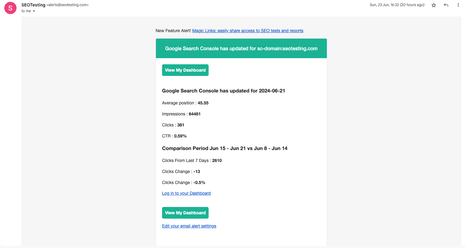 SEOTesting email alert showing Google Search Console updates and metrics for a domain. 