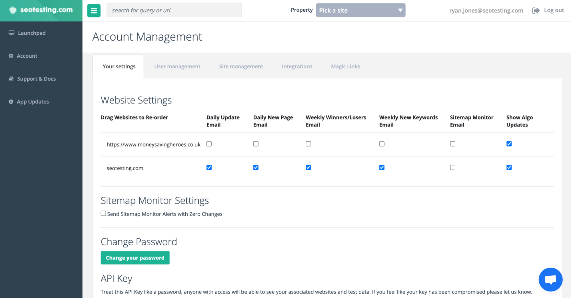SEO Testing account management page showing website and email settings for different alerts and updates. 
