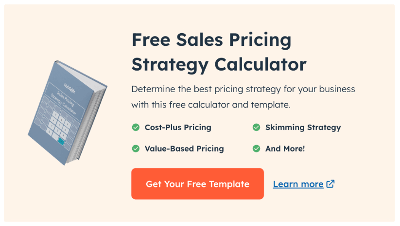 Promotional graphic for a Free Sales Pricing Strategy Calculator by HubSpot featuring a book on sales calculators and buttons for a free template and more information.