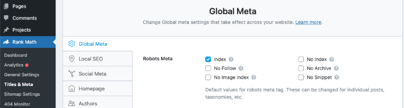 WordPress SEO plugin Rank Math meta robots configuration example.