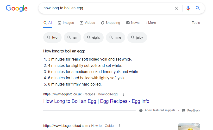 How to boil an egg featured snippet.
