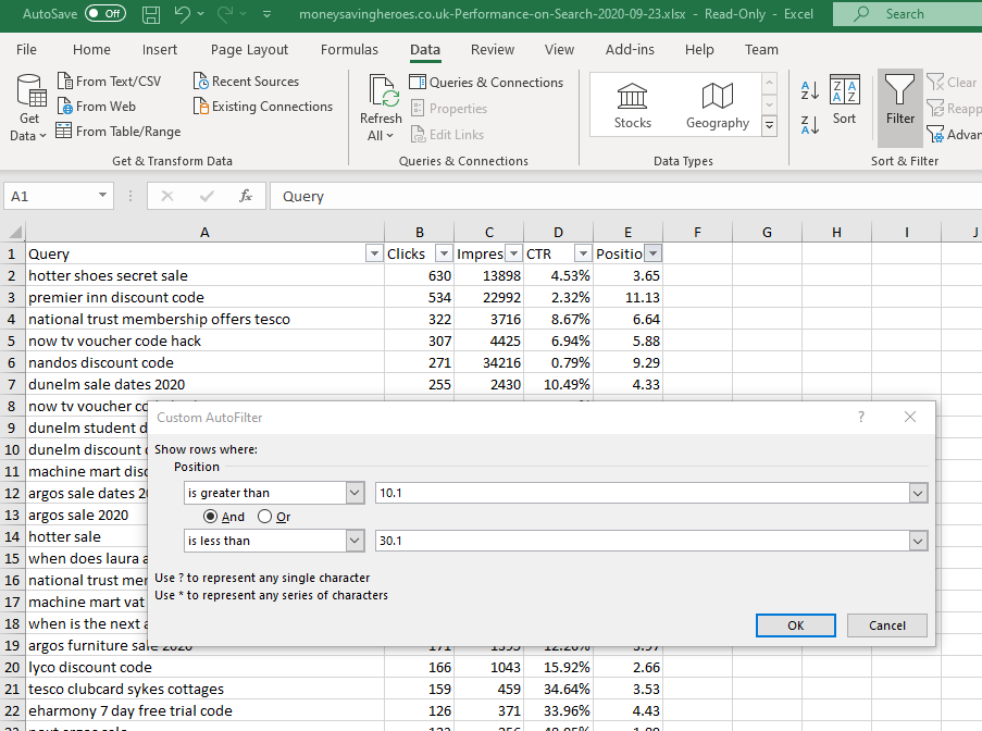 Filtering Search Console data in Excel to display striking distance keywords.