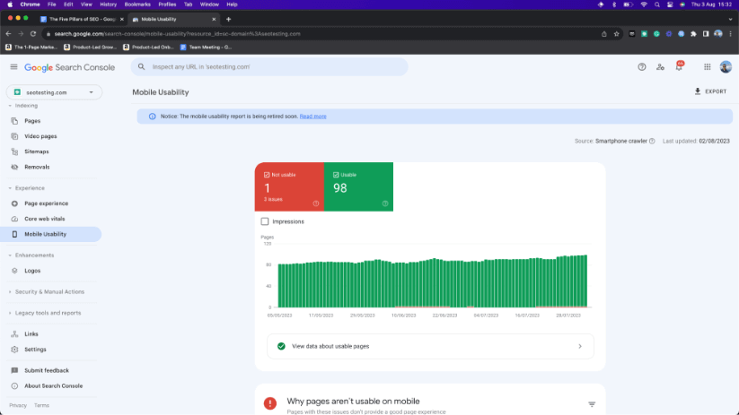 Google Search Console Mobile Friendliness report.