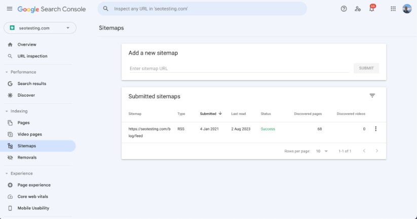 Sitemap tab in Google Search Console.