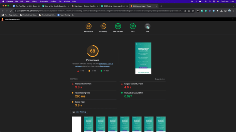 Google Lighthouse report for SEOTesting.com.