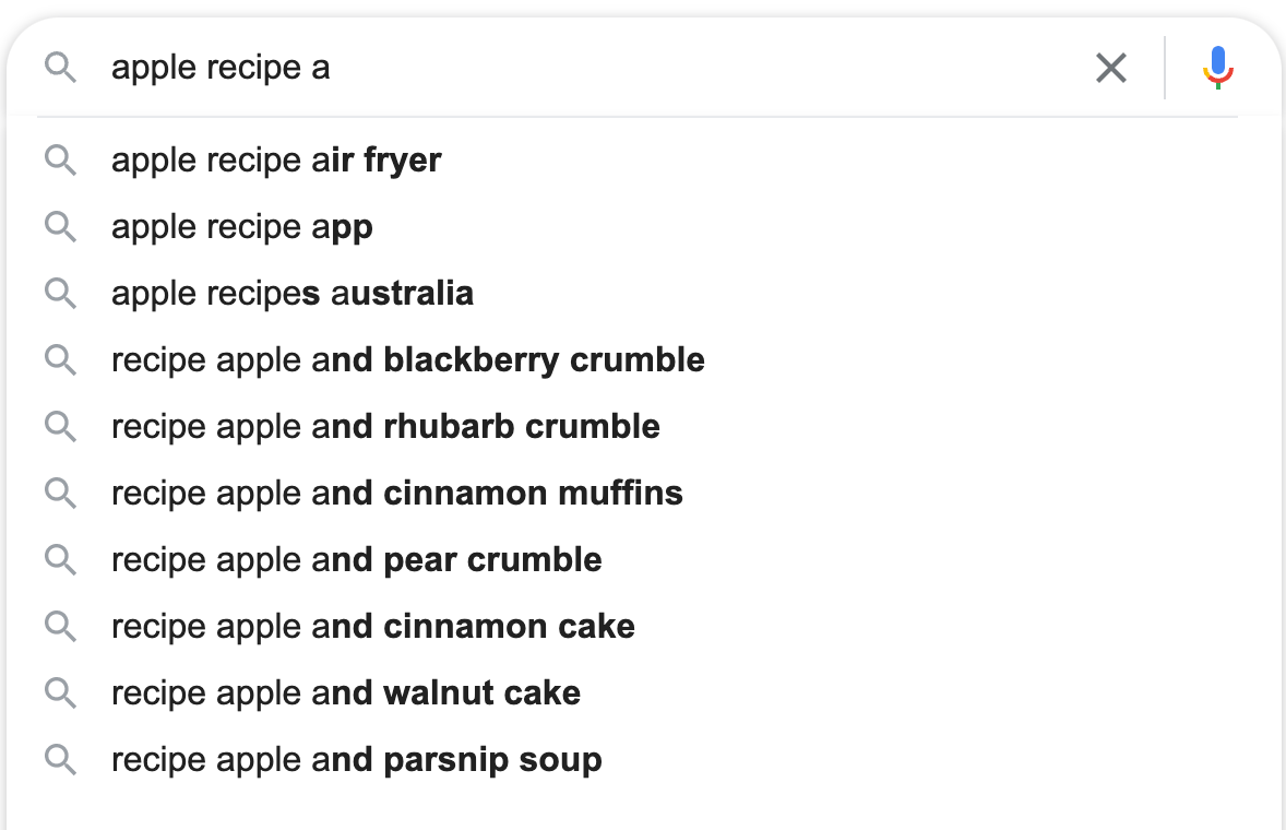 Google autocomplete for the apple recipe query.
