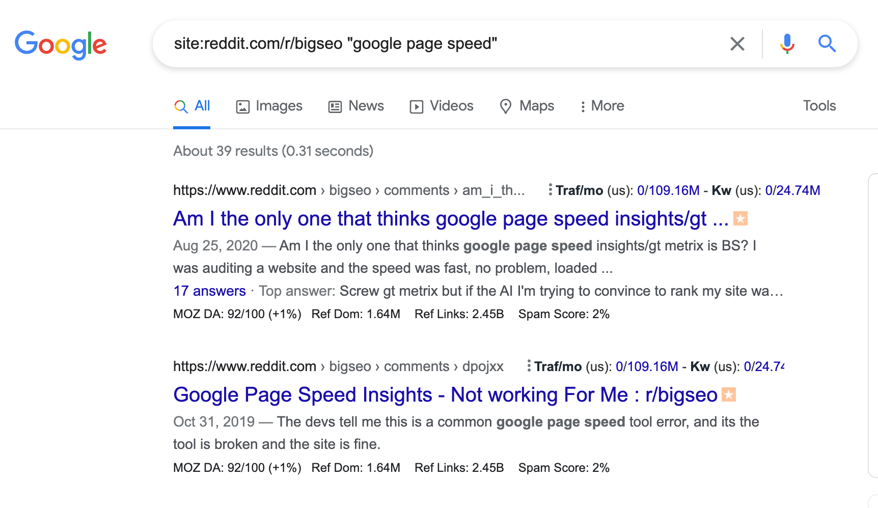 Google SERP to get more context on r/bigseo keyword ideas.
